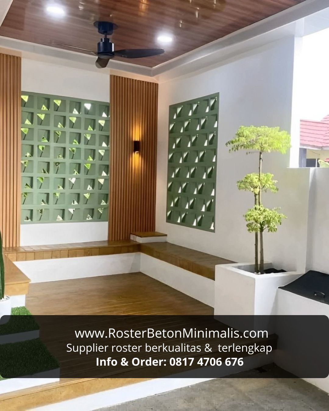 Desain roster beton anti tampias dengan motif geometri yang modern.